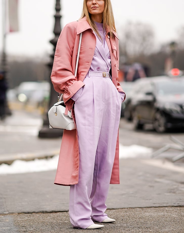 Monochromatic Lilac And Pink Suit With Trench Coat Monochromatic Lilac And Pink Suit With Trench Coat — Color Combinations Outfit