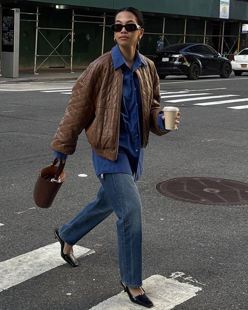 Denim Shirt With Quilted Bomber Jacket Denim Shirt With Quilted Bomber Jacket — Color Combinations Outfit
