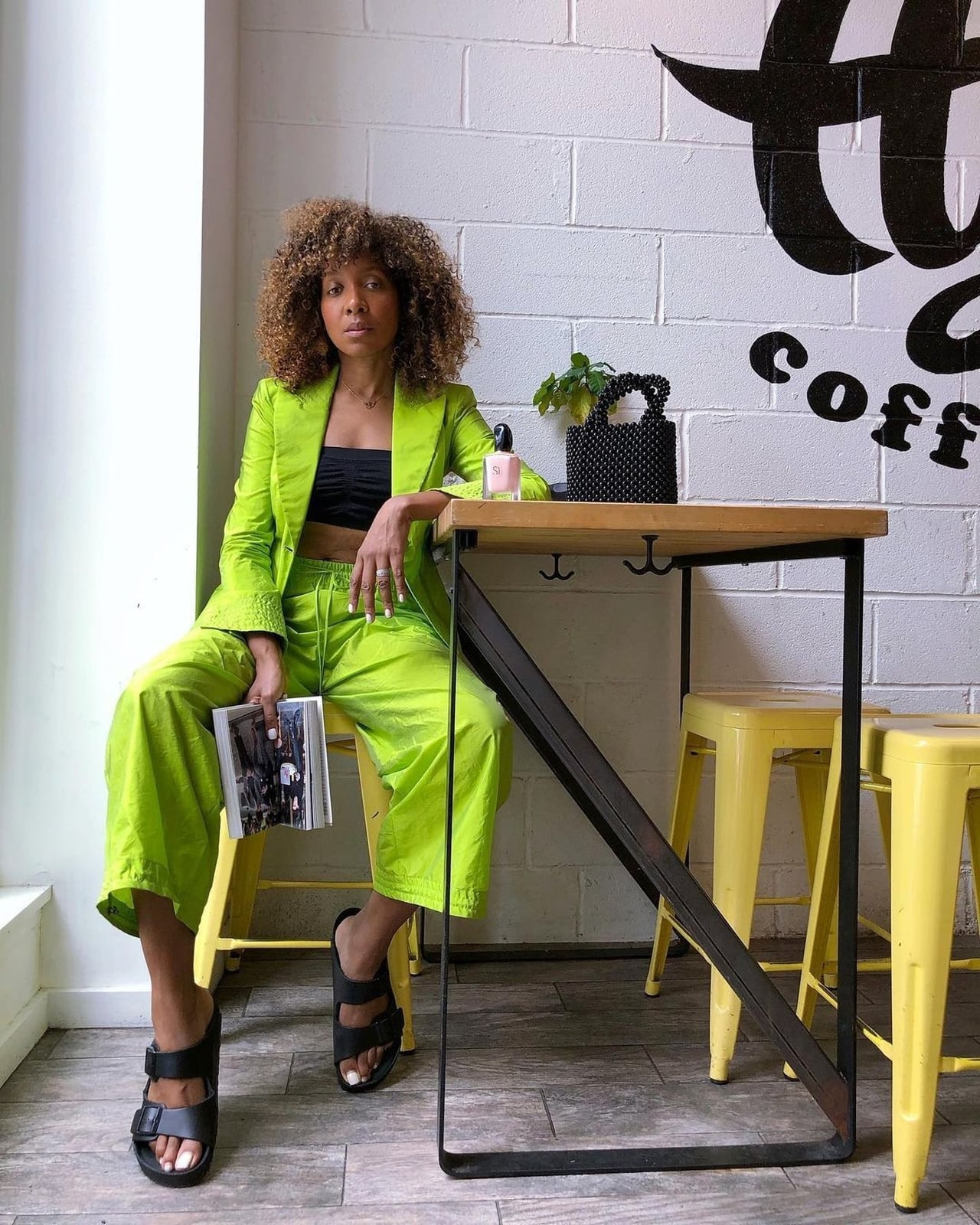Lime Green Oversized Suit With Black Crop Top Lime Green Oversized Suit With Black Crop Top — Color Combinations Outfit