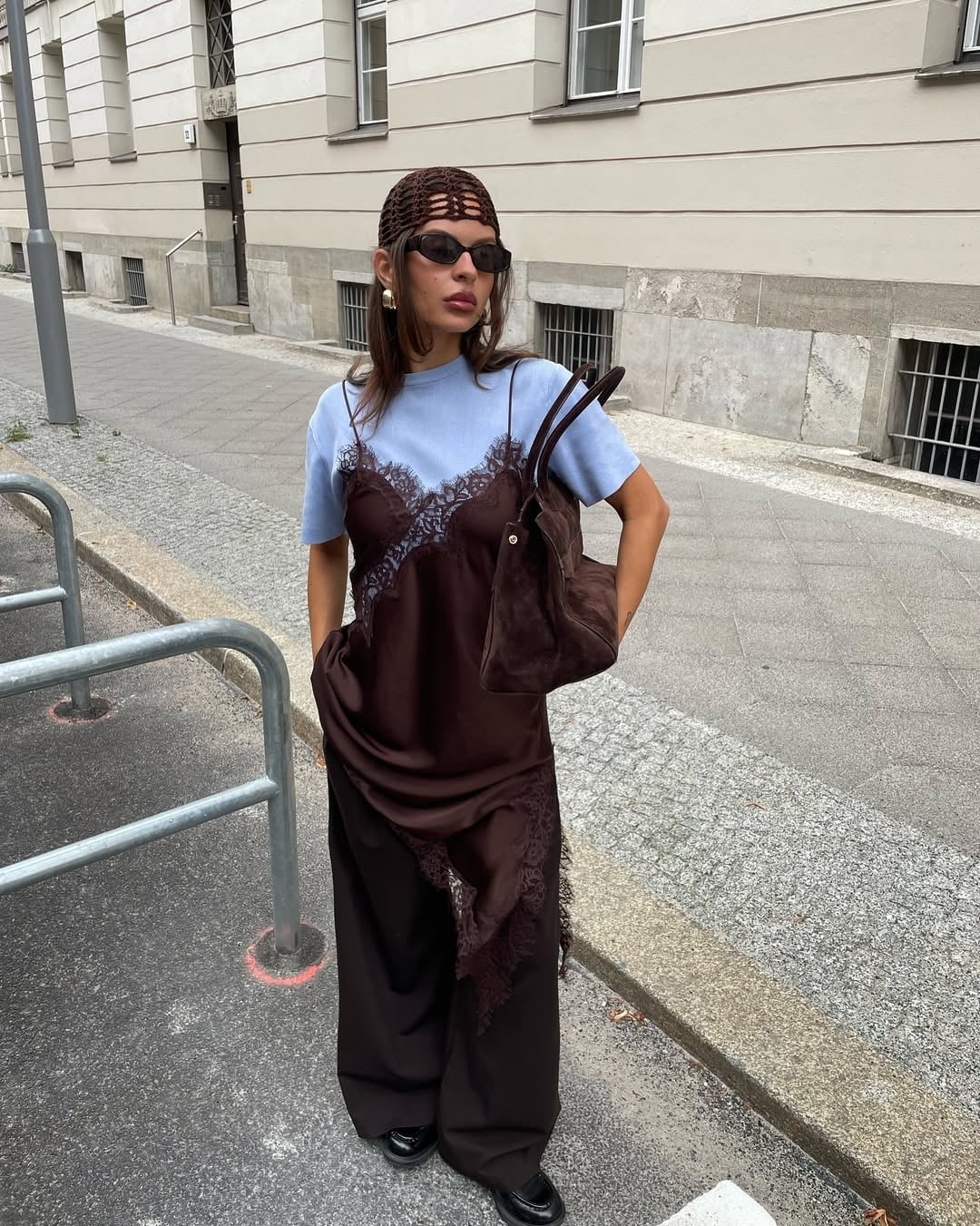 Brown Lace Slip Dress Over Light Blue T-Shirt Brown Lace Slip Dress Over Light Blue T-Shirt — Color Combinations Outfit