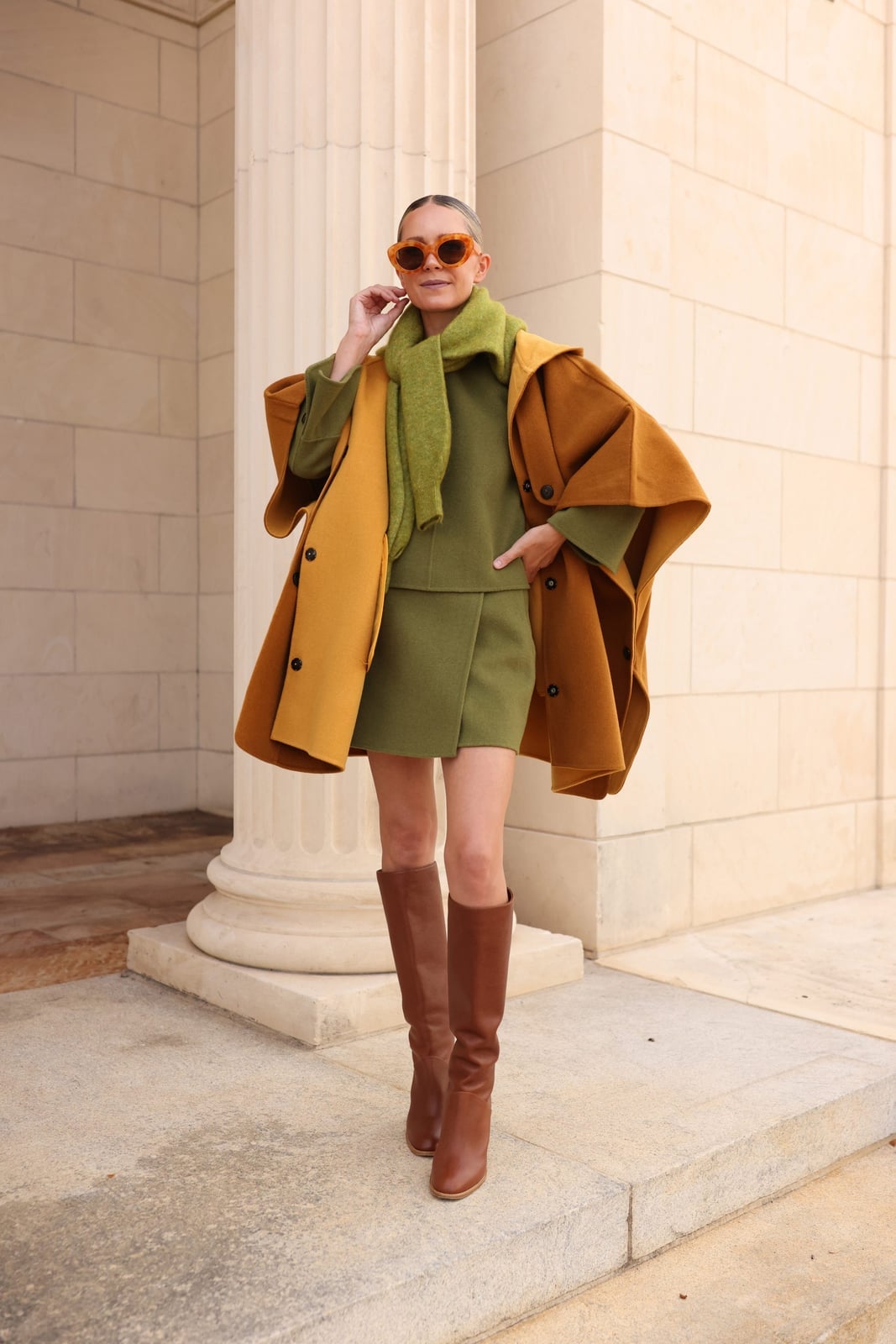 Olive Green Mini Skirt With Mustard Cape Coat Olive Green Mini Skirt With Mustard Cape Coat — Color Combinations Outfit