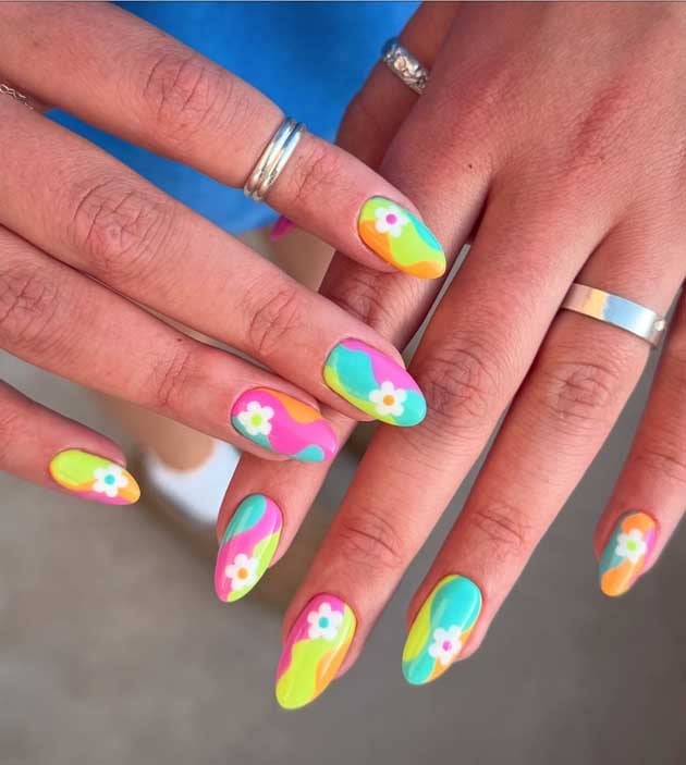 Psychedelic Swirls With Flower Motifs Psychedelic Swirls With Flower Motifs — Colorful Nails