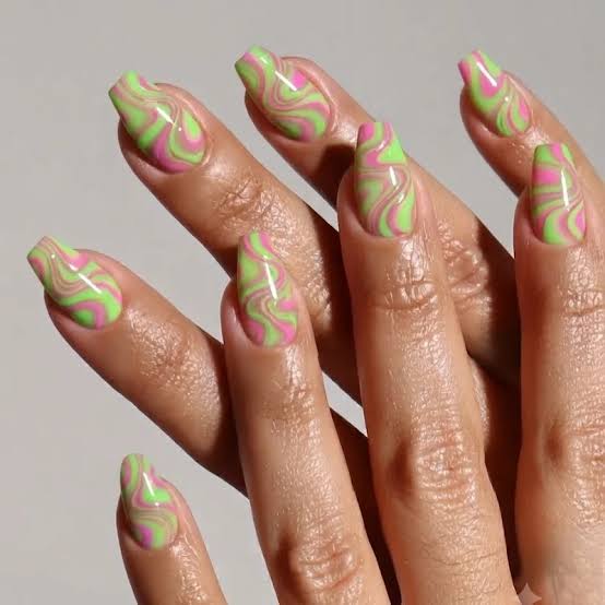 Neon Abstract Swirl Stiletto Nails Neon Abstract Swirl Stiletto Nails — Colorful Nails