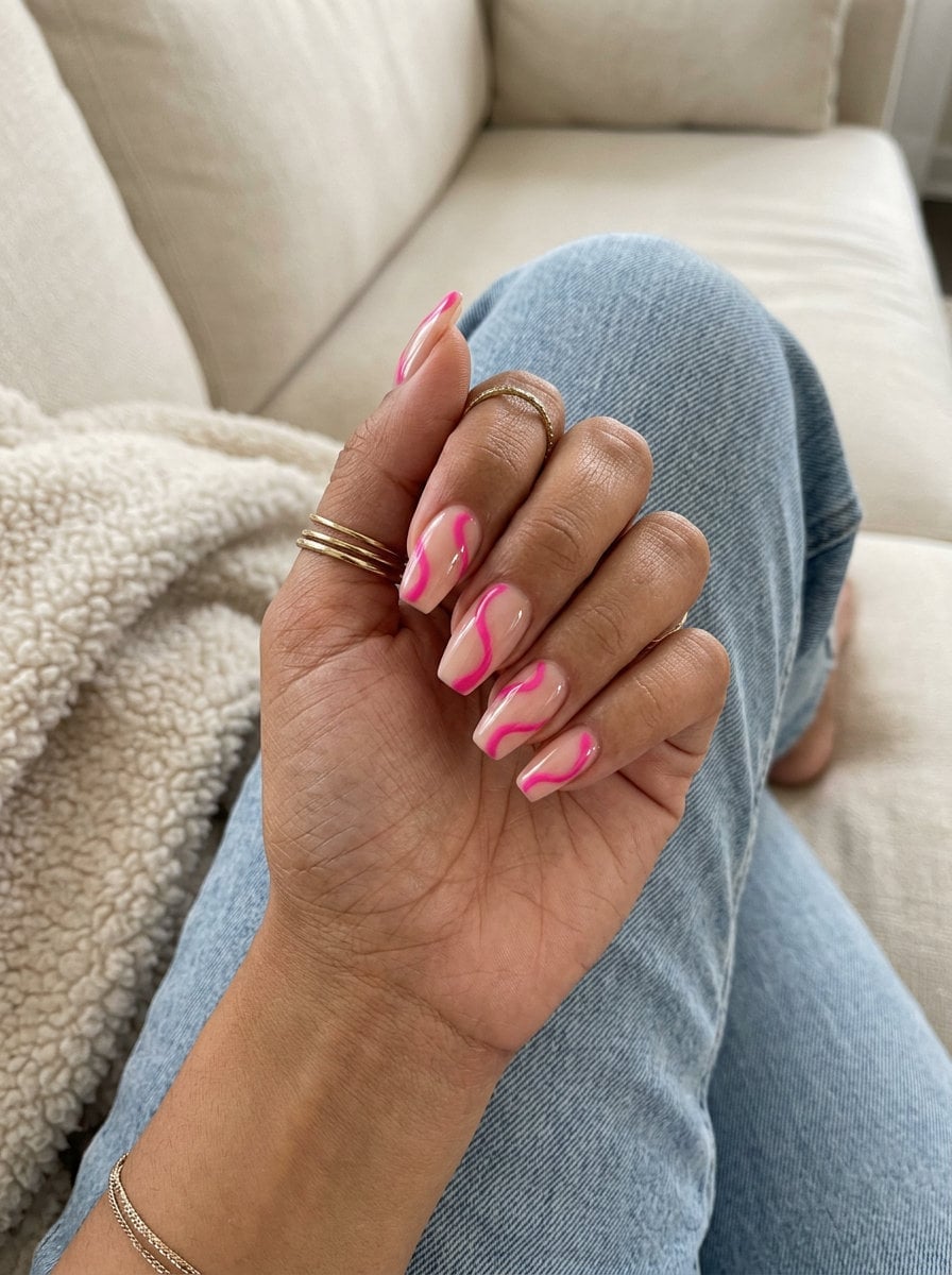 Bold Pink Wavy Lines on Nude Bold Pink Wavy Lines on Nude — Colorful Nails