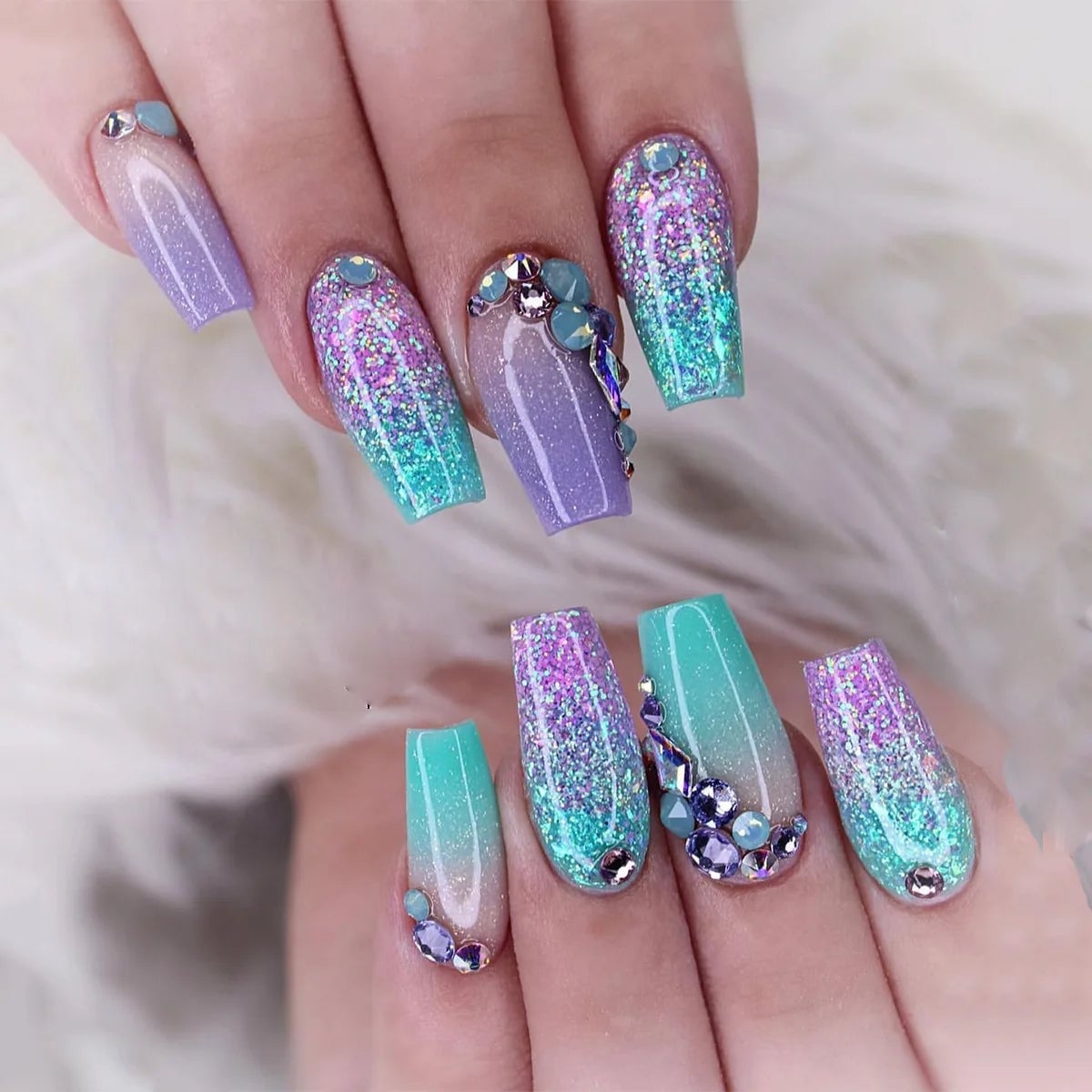 Purple to Teal Ombre Glitter Gems Purple to Teal Ombre Glitter Gems — Colorful Nails