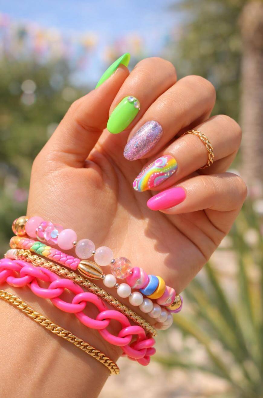 Neon Green Glitter Abstract Art, Close-Up Take Neon Green Glitter Abstract Art, Close-Up Take — Colorful Nails