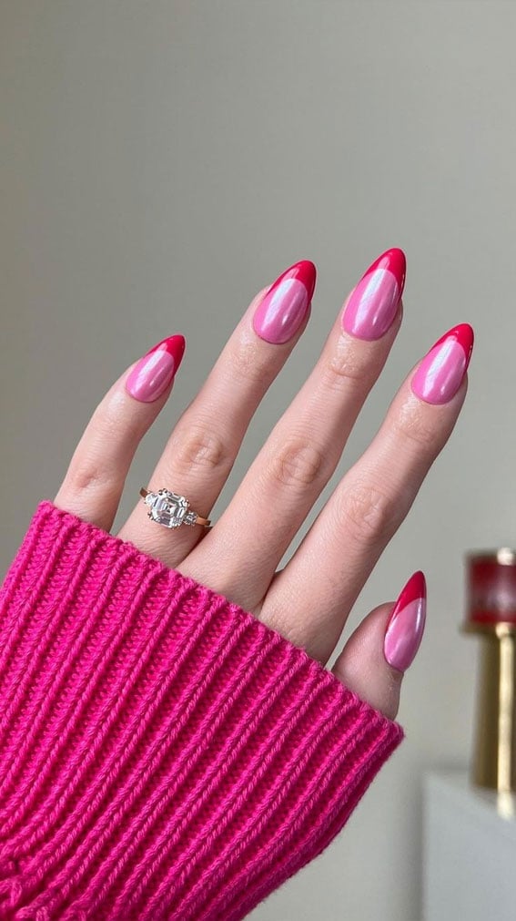 Pearlescent Pink With Red Two-Tone French Pearlescent Pink With Red Two-Tone French — Colorful Nails