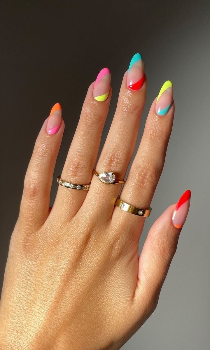 Neon Color French Tips, Almond Neon Color French Tips, Almond — Colorful Nails