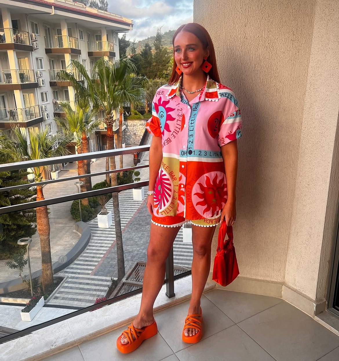 Colorful Printed Matching Resort Set With Orange Accessories