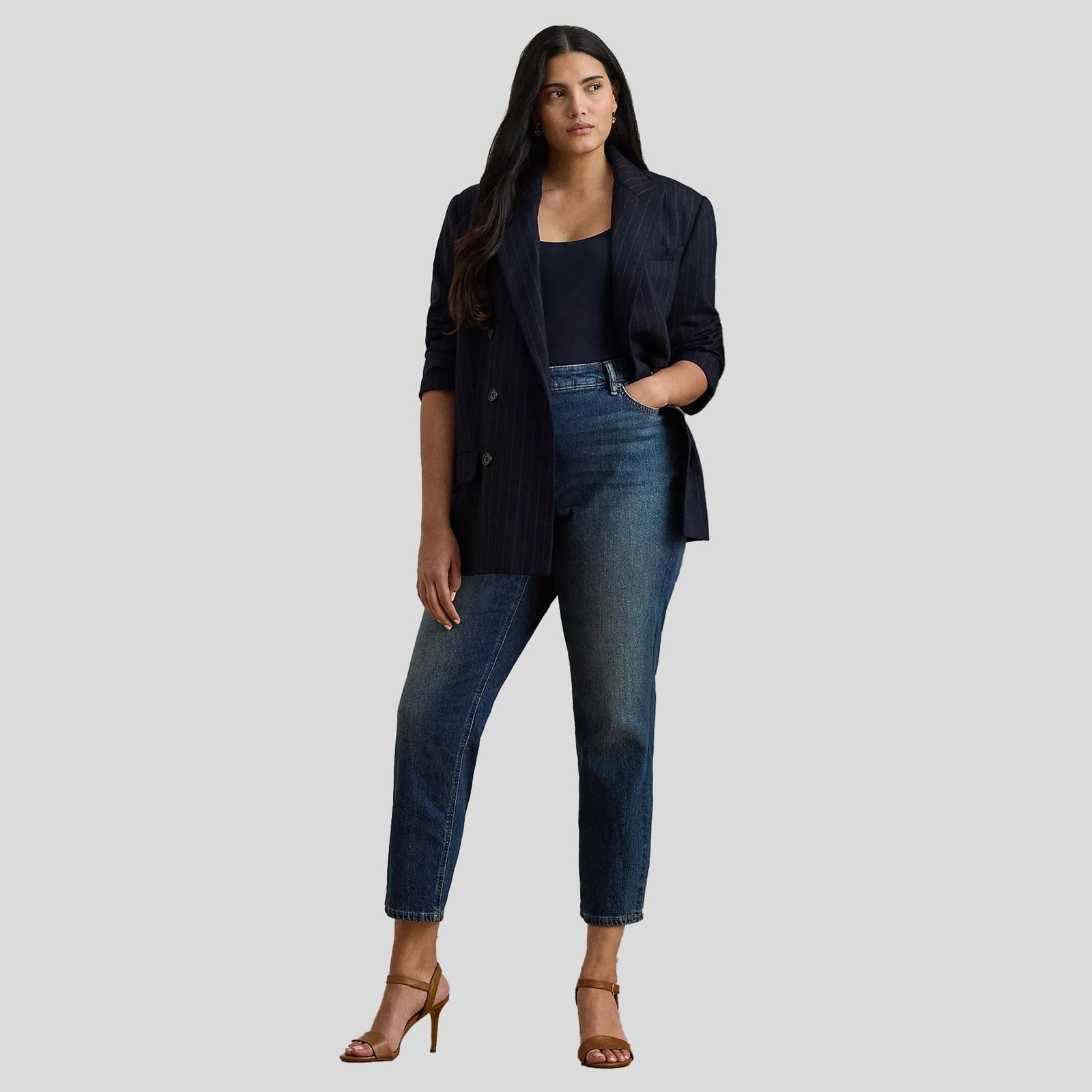 Pinstripe blazer adds polish to denim Pinstripe blazer adds polish to denim — Comfy Outfits