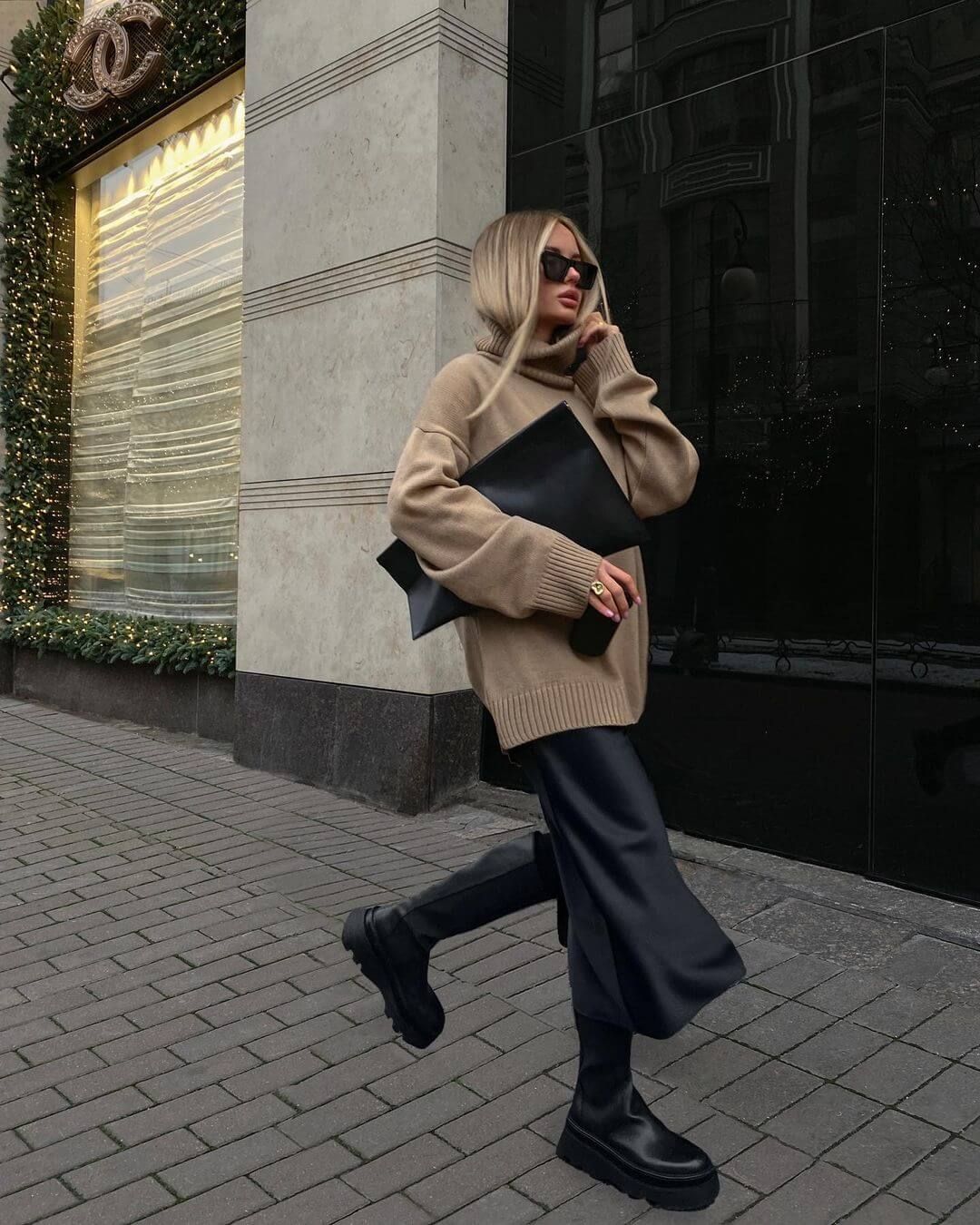 Oversized turtleneck sweater with satin skirt for chic casual Oversized turtleneck sweater with satin skirt for chic casual — Comfy Outfits