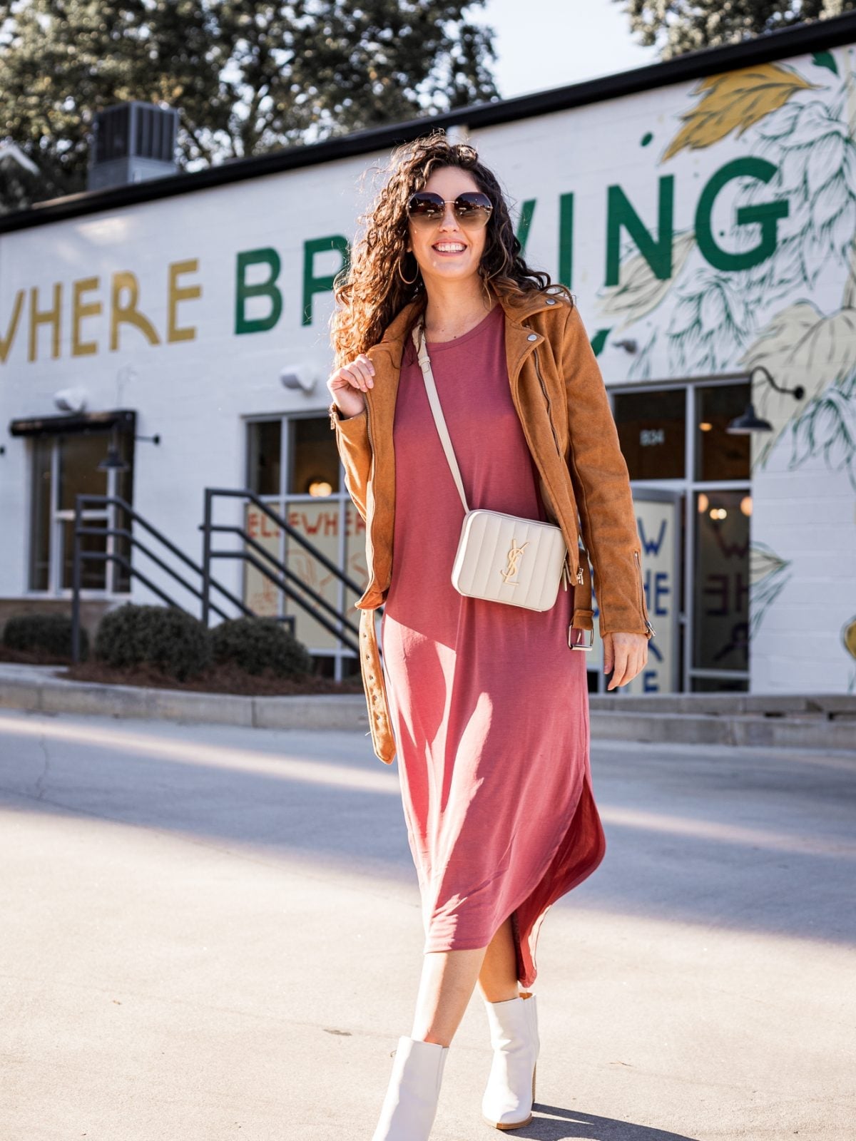 Suede moto jacket adds edge to a maxi dress Suede moto jacket adds edge to a maxi dress — Comfy Outfits