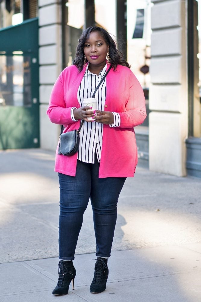 Bright pink cardigan elevates a casual look Bright pink cardigan elevates a casual look — Comfy Outfits