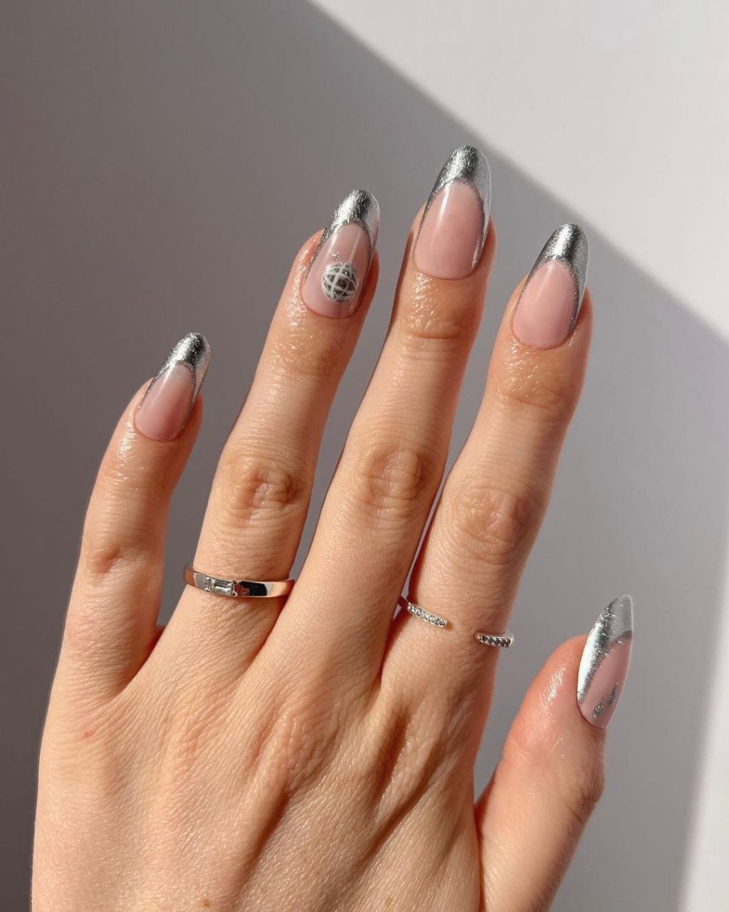 Sheer Pink Silver French Tips Disco Ball Accent Sheer Pink Silver French Tips Disco Ball Accent — Concert Nails