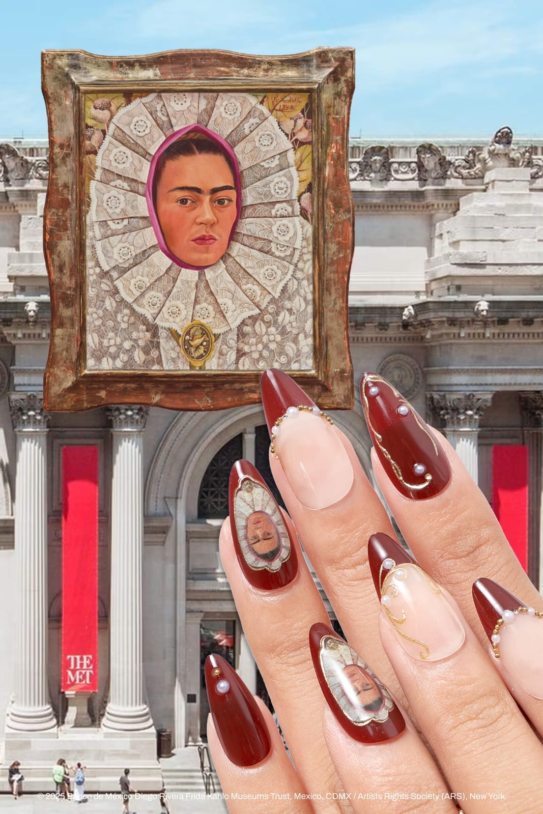 Bordeaux Frida Kahlo Portrait Stiletto Nails Bordeaux Frida Kahlo Portrait Stiletto Nails — Concert Nails