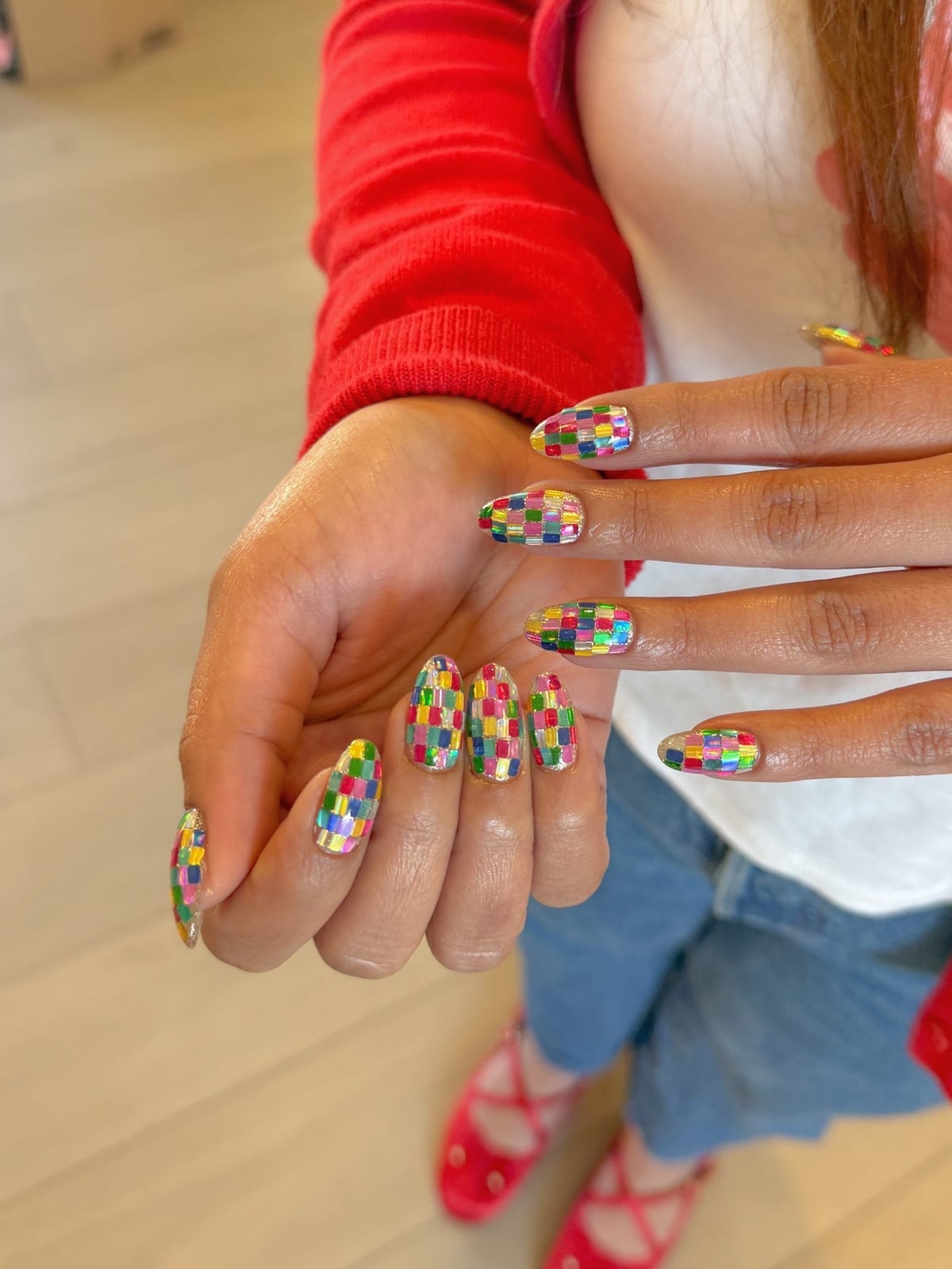 Multicolored Metallic Checkerboard Almond Nails Multicolored Metallic Checkerboard Almond Nails — Concert Nails