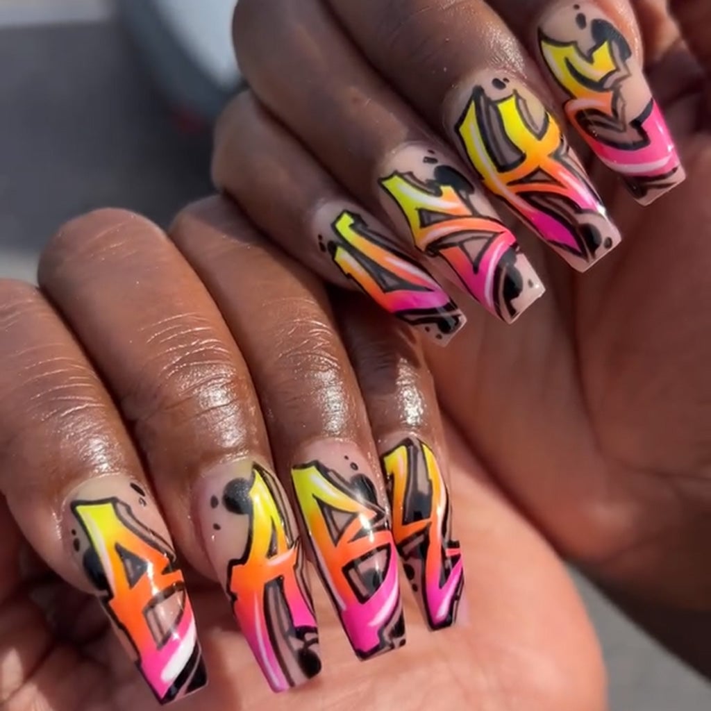Neon Graffiti Lettering Long Coffin Nails Neon Graffiti Lettering Long Coffin Nails — Concert Nails