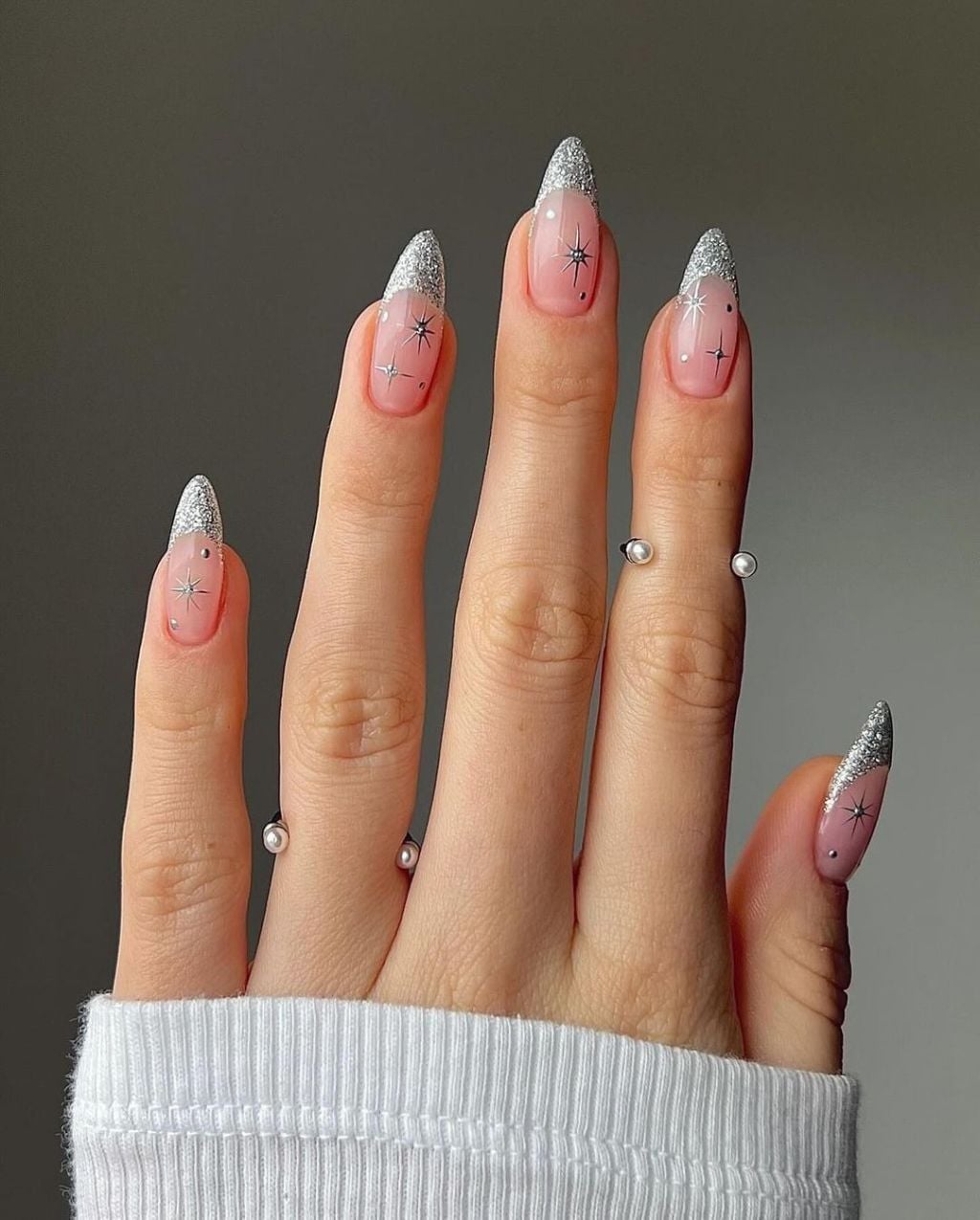Sheer Pink Glitter French Tips Stiletto Nails Sheer Pink Glitter French Tips Stiletto Nails — Concert Nails