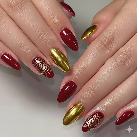 Deep Red Metallic Gold Rose Motif Almond Nails Deep Red Metallic Gold Rose Motif Almond Nails — Concert Nails