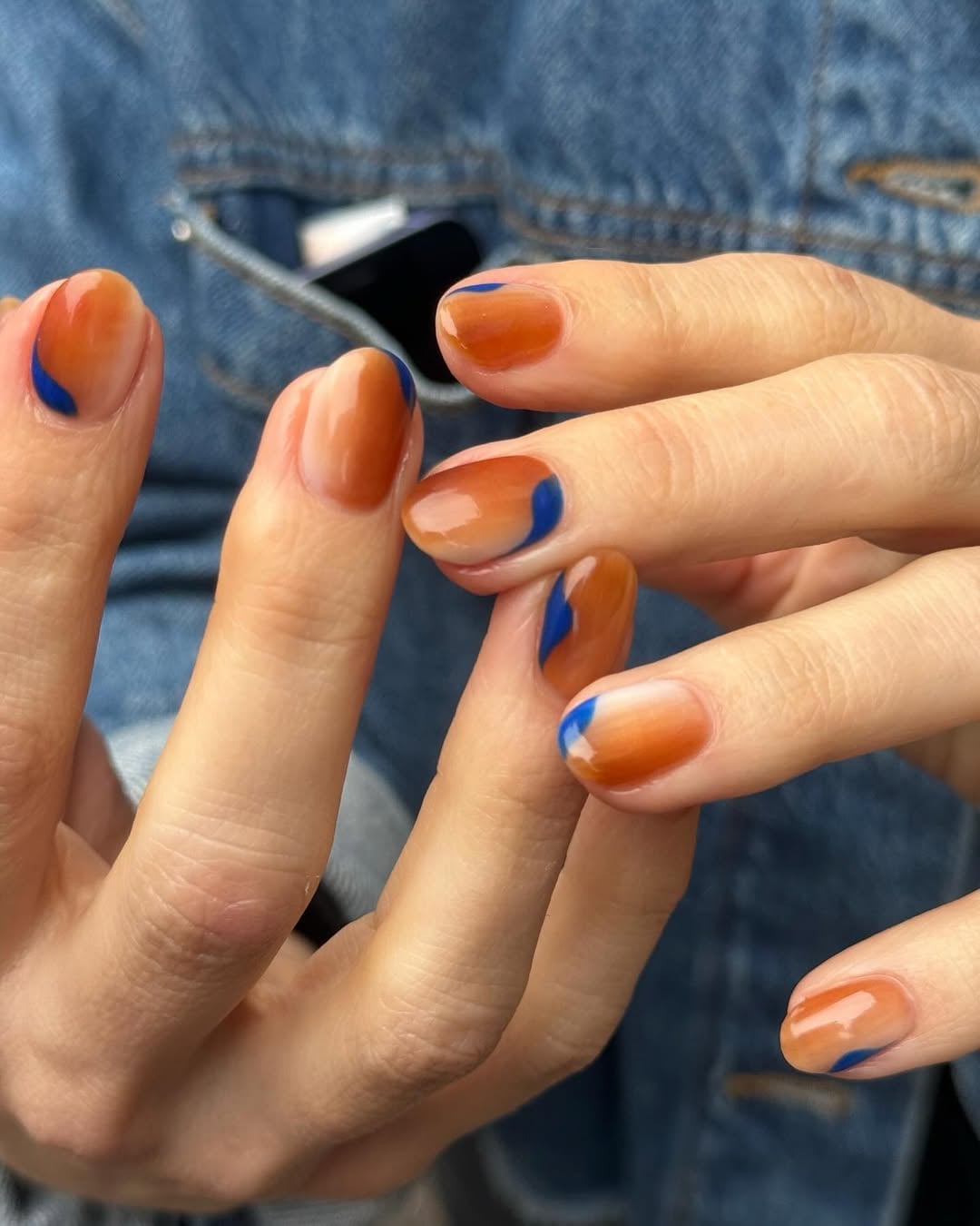Orange To Clear Gradient Blue Stripe Square Nails Orange To Clear Gradient Blue Stripe Square Nails — Concert Nails