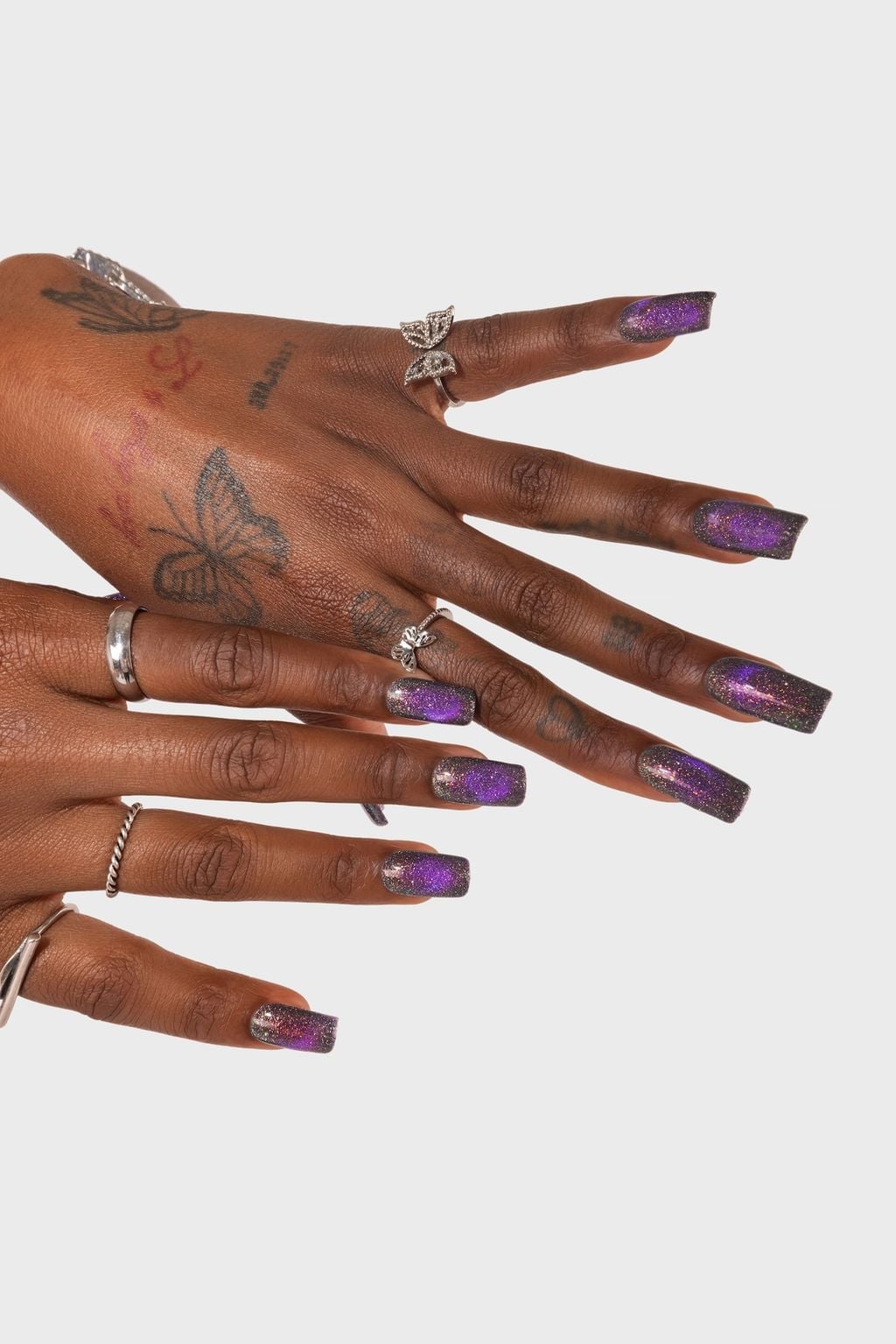 Deep Purple Silver Glitter Long Coffin Nails Deep Purple Silver Glitter Long Coffin Nails — Concert Nails