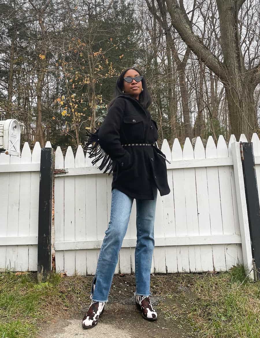 Fringe Jacket With Straight Leg Jeans And Cow Print Boots Fringe Jacket With Straight Leg Jeans And Cow Print Boots — Concert Outfits Black Women