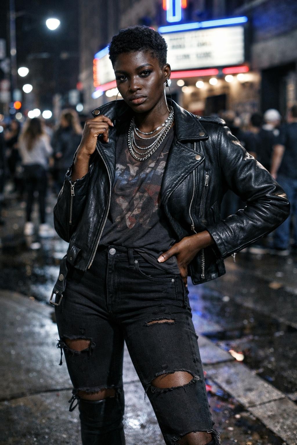 Leather Moto Jacket With Distressed Jeans For Rock Concert Leather Moto Jacket With Distressed Jeans For Rock Concert — Concert Outfits Black Women