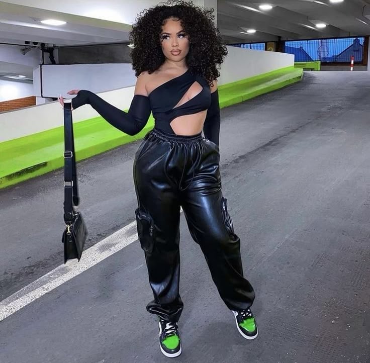 Cut-Out Bodysuit With Faux Leather Cargo Pants Cut-Out Bodysuit With Faux Leather Cargo Pants — Concert Outfits Black Women