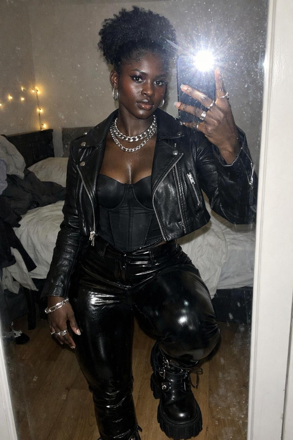 Leather Jacket And Vinyl Pants Rock Concert Ensemble Leather Jacket And Vinyl Pants Rock Concert Ensemble — Concert Outfits Black Women