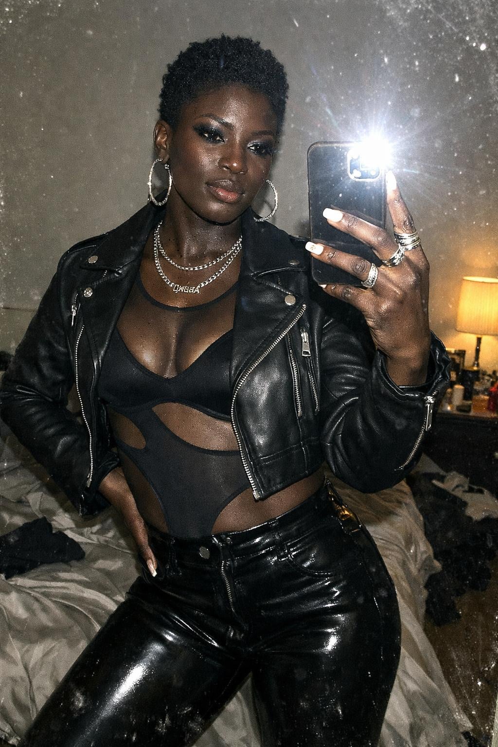 Mesh Bodysuit With Leather Jacket And Shiny Pants Mesh Bodysuit With Leather Jacket And Shiny Pants — Concert Outfits Black Women