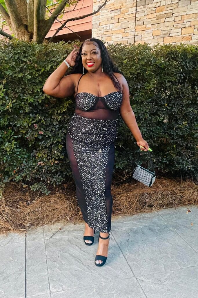 Sequined Sheer Dress With Strappy Heels For Concert Sequined Sheer Dress With Strappy Heels For Concert — Concert Outfits Black Women
