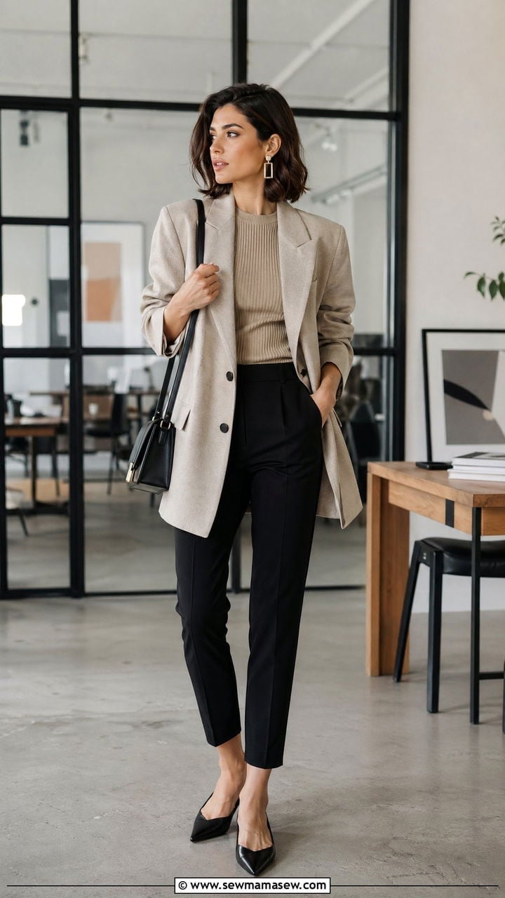 Beige oversized blazer with knit sweater for conference Beige oversized blazer with knit sweater for conference — Conference Outfits
