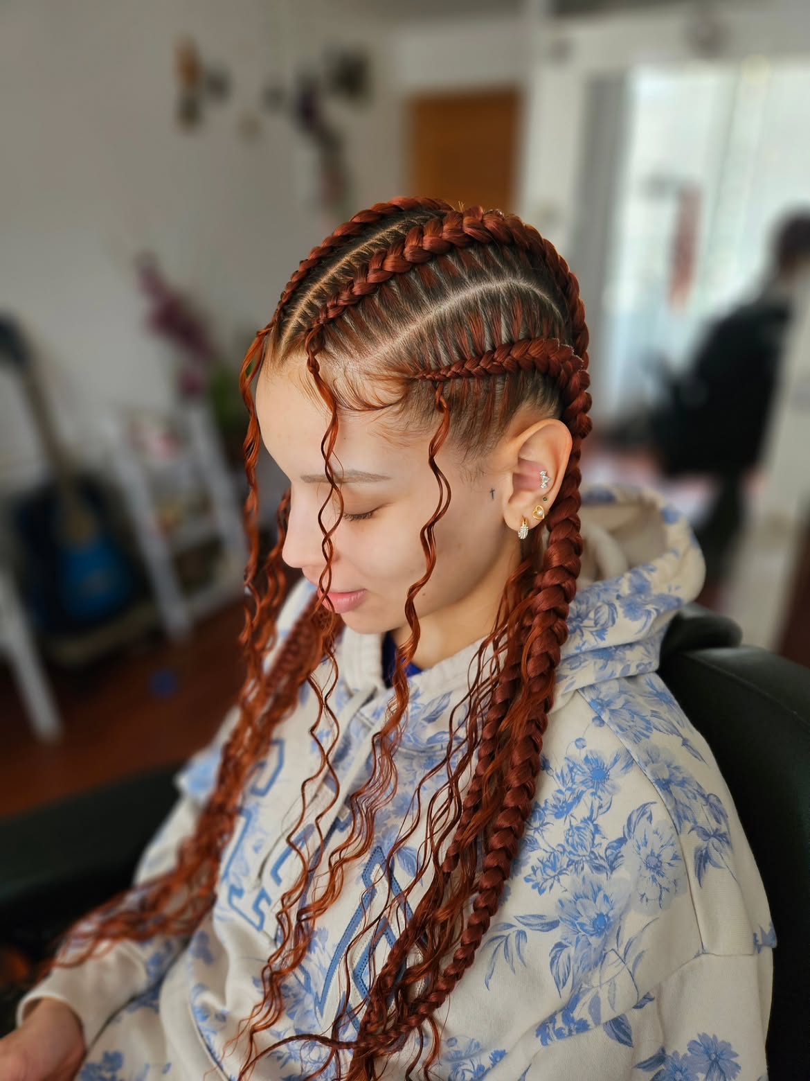 Copper Feed-In Cornrows With Curly Face Framing Tendrils