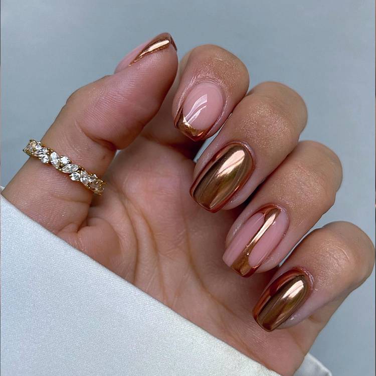 Short Square Copper Chrome French Tip Nails Short Square Copper Chrome French Tip Nails — Copper Nails