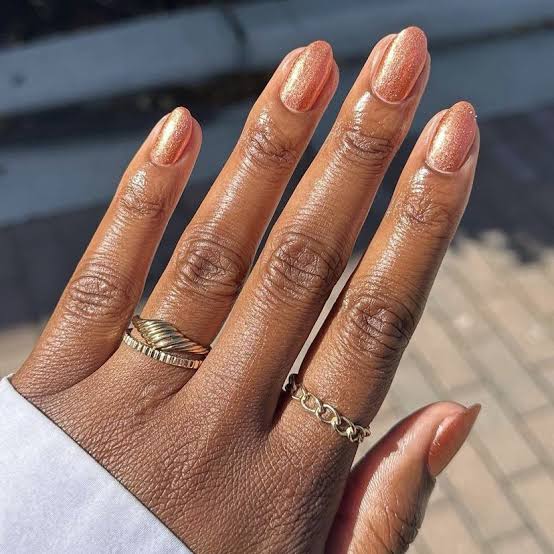 Short Almond Shimmery Copper Orange Nails Short Almond Shimmery Copper Orange Nails — Copper Nails