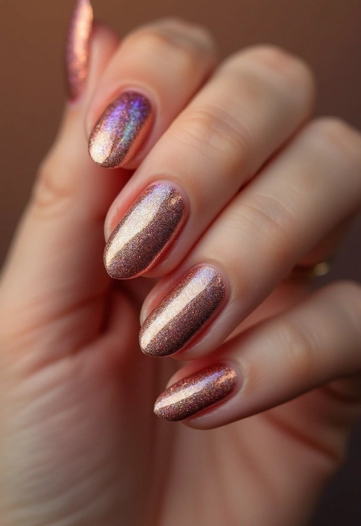 Short Oval Copper Holographic Shimmer Nails Short Oval Copper Holographic Shimmer Nails — Copper Nails