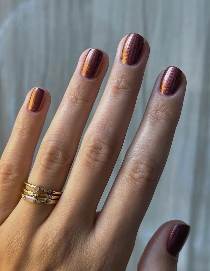 Short Oval Chrome Copper Orange Undertone Nails Short Oval Chrome Copper Orange Undertone Nails — Copper Nails
