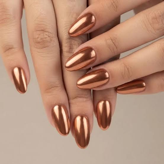 Medium Almond Liquid Chrome Copper Nails Medium Almond Liquid Chrome Copper Nails