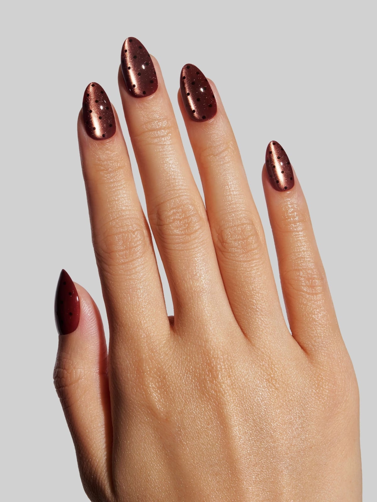 Medium Almond Satin Brown Dot Accent Nails Medium Almond Satin Brown Dot Accent Nails — Copper Nails