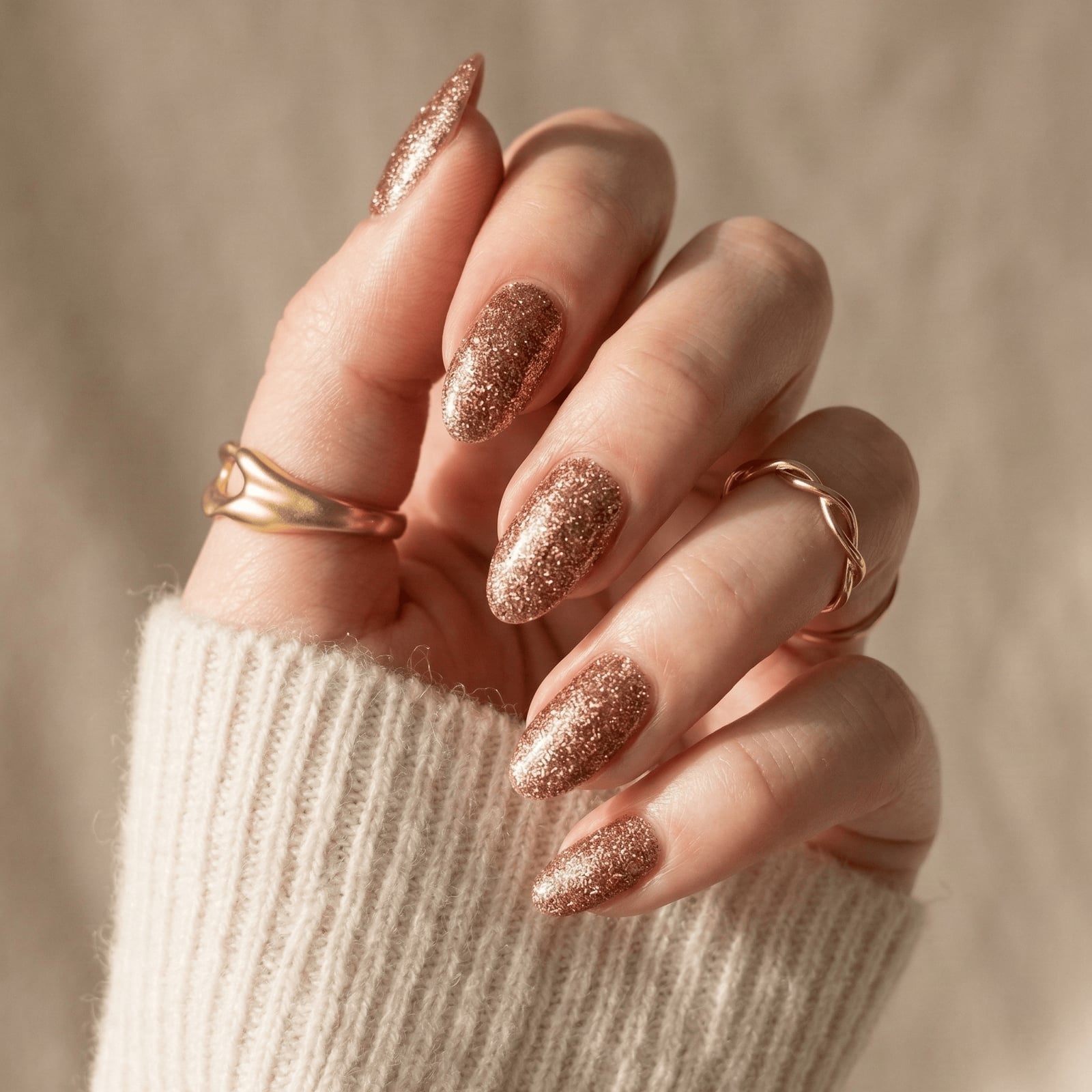 Short Oval Rose Gold Glitter Nails Short Oval Rose Gold Glitter Nails — Copper Nails