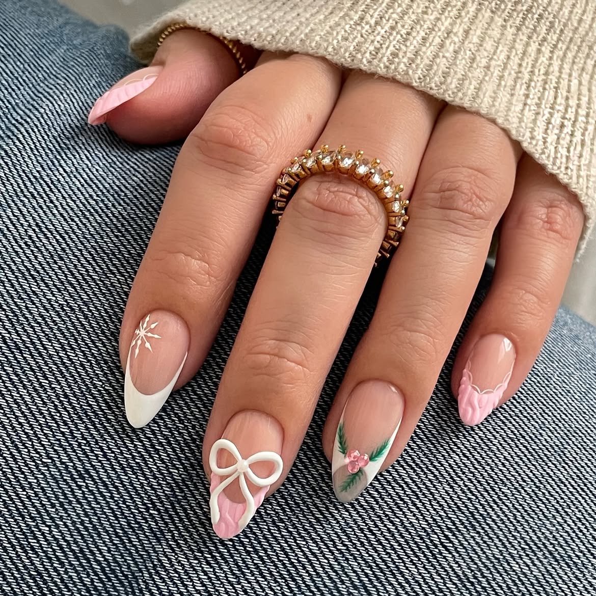 Coquette Christmas Bow Almond French Nails
