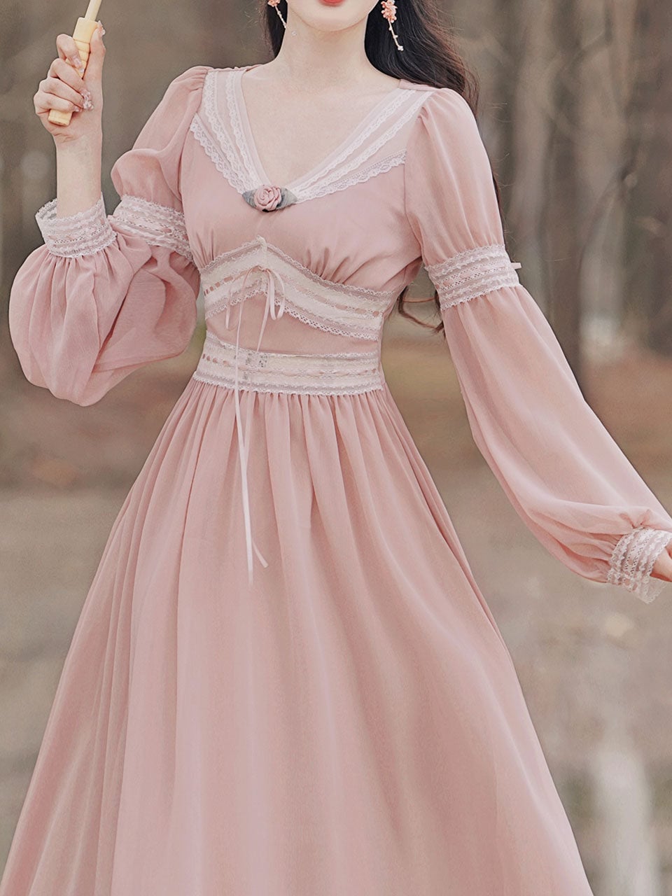 Pale pink chiffon dress with lace trim and ribbon tie Pale pink chiffon dress with lace trim and ribbon tie — Coquette Outfits