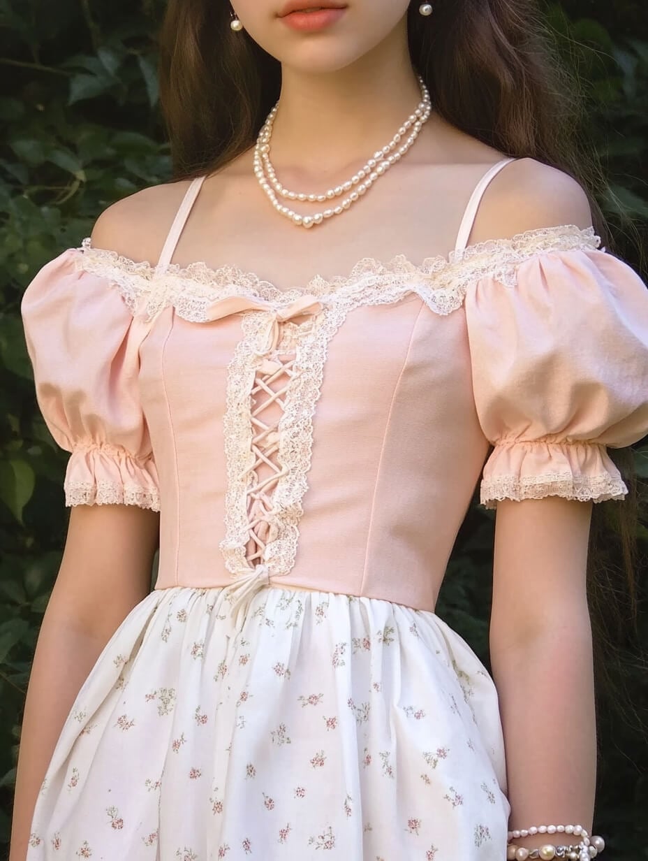 Pastel pink off-the-shoulder top and floral skirt Pastel pink off-the-shoulder top and floral skirt — Coquette Outfits