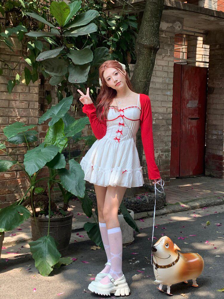 White fit and flare dress with red ribbon details White fit and flare dress with red ribbon details — Coquette Outfits