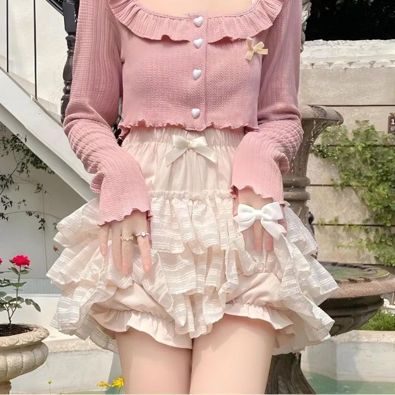 Cropped ruffled cardigan with satin bow skirt Cropped ruffled cardigan with satin bow skirt — Coquette Outfits
