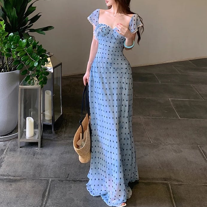 Light blue polka dot maxi dress with puff sleeves Light blue polka dot maxi dress with puff sleeves — Coquette Outfits
