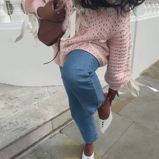 Pink knit sweater with white ribbon lacing Pink knit sweater with white ribbon lacing — Coquette Outfits