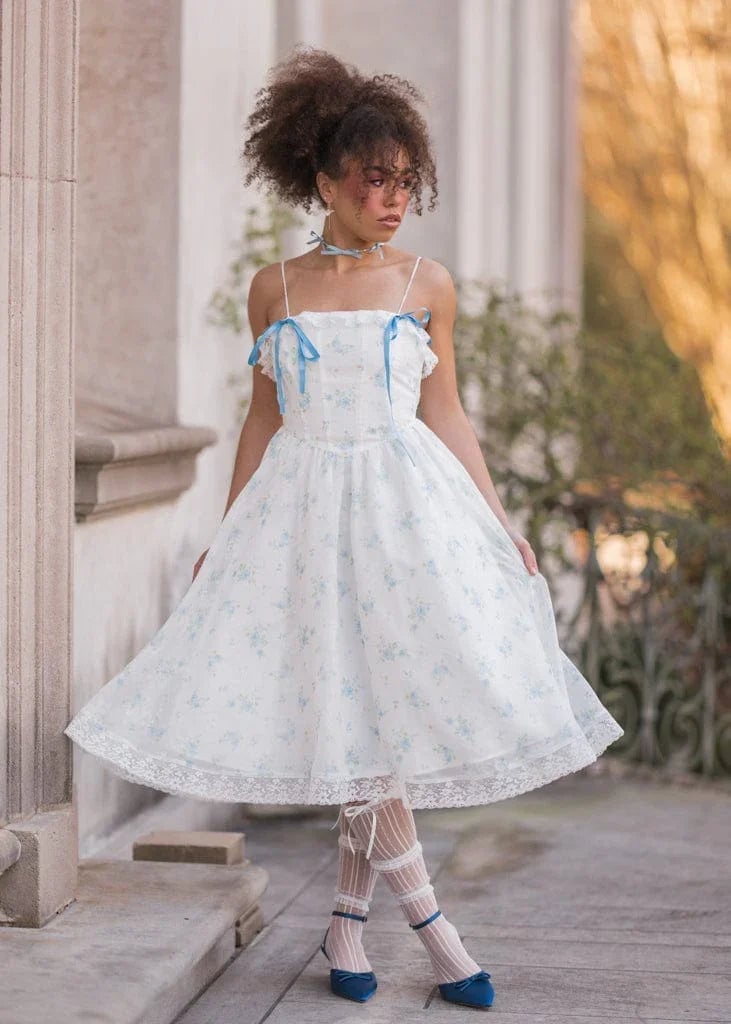White floral midi dress with blue ribbon straps White floral midi dress with blue ribbon straps — Coquette Outfits