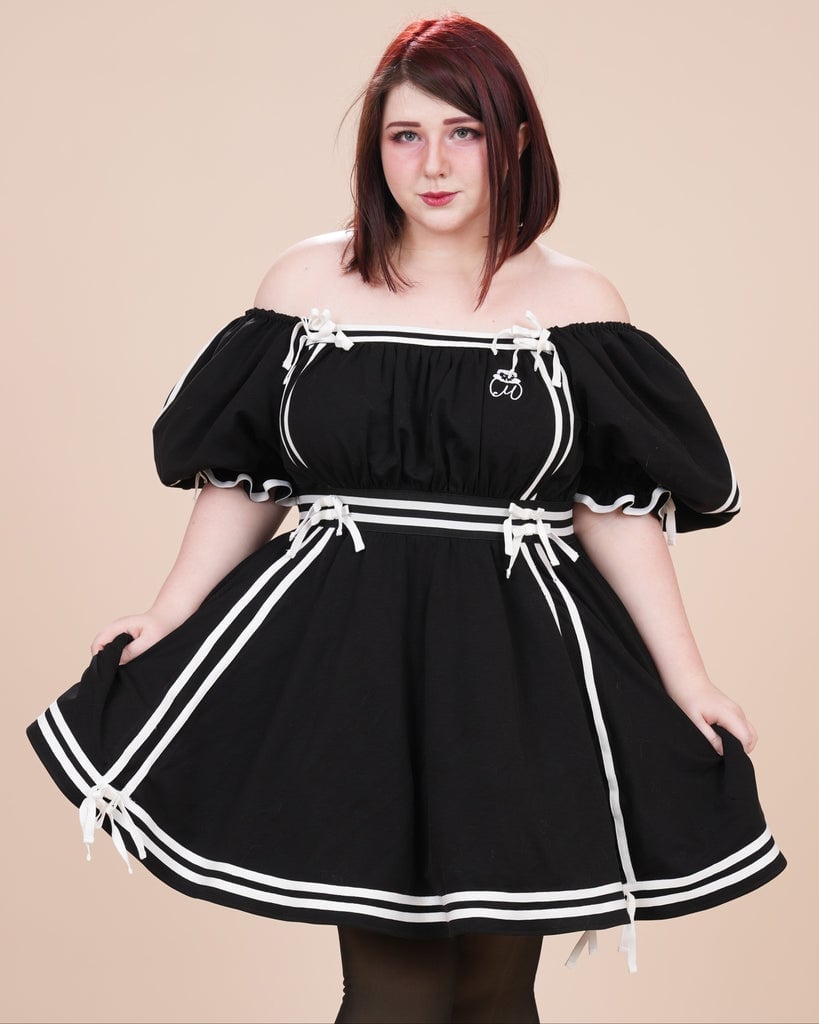 Black off-shoulder dress with white trim and ribbon Black off-shoulder dress with white trim and ribbon — Coquette Outfits