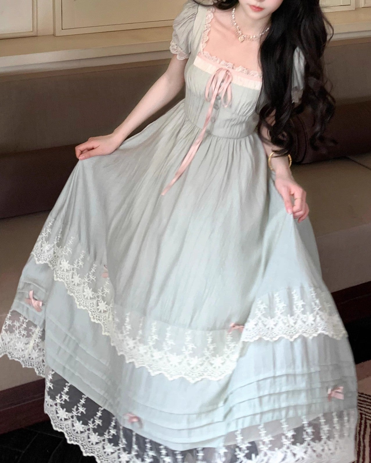 Pale blue lace dress with pink bow details Pale blue lace dress with pink bow details — Coquette Outfits